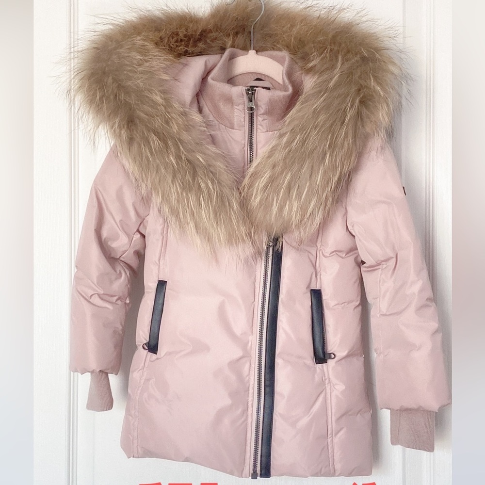 Mackage Kids Puffer Jacket in Light Pink with Fur Trim